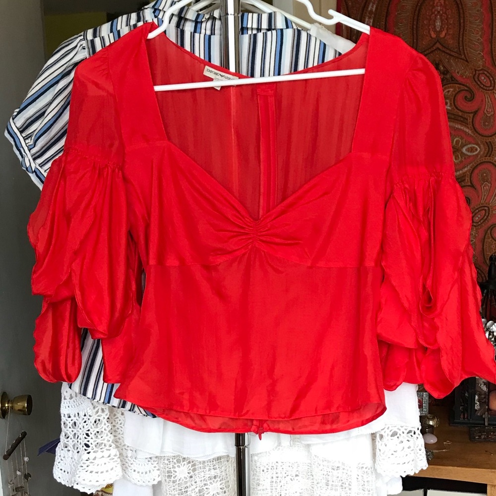 Flirty red silk Armani blouse with flounce sleeve